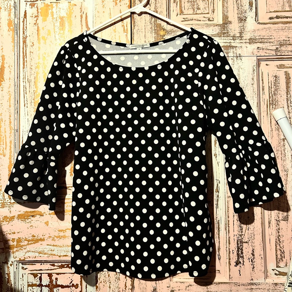 Green Envelope Black Polka Dot Ruffle Sleeve Blouse